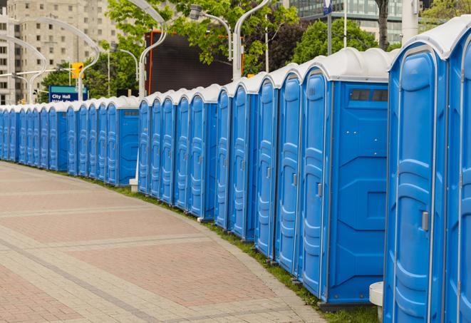 portable restrooms lined up at a marathon, ensuring runners can take a much-needed bathroom break in Dana Point